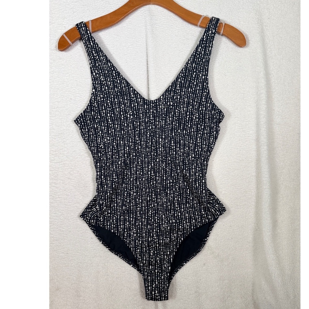 Athleta‎ Seychelles One Piece Swimsuit Black White Dotted V-Neck Women Large